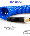 Close-up of blue 25-foot recoil poly hose with 1/4 inch NPT brass fitting from 18 Piece Air Compressor Accessories Kit