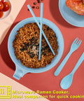 Blue Two Pack Microwave Ramen Bowl Set With Chopsticks And Spoon, 32 Ounce Ramen Cooker For Quick Noodle Meals, Pasta And Soup Maker