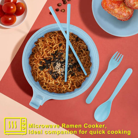 Blue Two Pack Microwave Ramen Bowl Set With Chopsticks And Spoon, 32 Ounce Ramen Cooker For Quick Noodle Meals, Pasta And Soup Maker