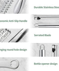 Four Piece Stainless Steel Fish Scaler Set With Serrated Blade Design features ergonomic handle and bottle opener.