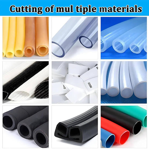 Automatic Heat Shrink Tube Cutting Machine 300W Cable Cutter cutting various rubber and plastic tubes for precise trimming.