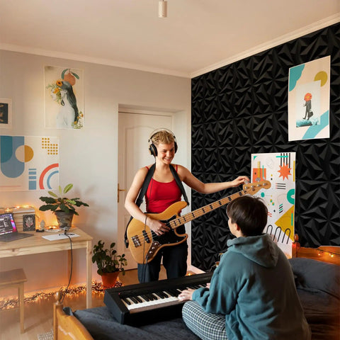Totally Rad 3D Acoustic Panels For Walls Soundproofing Foam Tiles 12X12 Inches Black Textured, enhancing music studio ambiance.