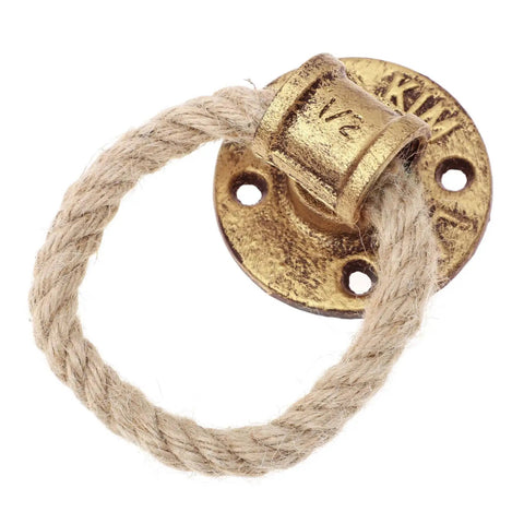 Rustic Rope Drawer Pull Handle In Black Metal For Cabinets And Dressers, Twisted Jute Rope Cupboard Ring Knob