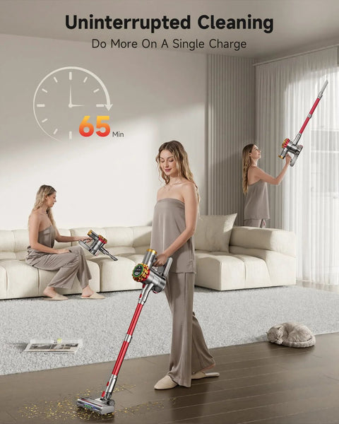 AIPOWAY cordless vacuum cleaner with red wand and silver head on hardwood floor, living room scene