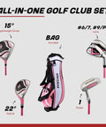 Kid Friendly Junior Golf Set For Ages 9 To 12 With Driver Irons Putter Bag Pink showing all components