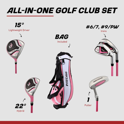Kid Friendly Junior Golf Set For Ages 9 To 12 With Driver Irons Putter Bag Pink showing all components