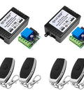 12V DC Wireless Relay Module 1 Channel 433 MHz RF Remote Kit For Doors And Lights With Receiver, Easy No Fuss Toggle Or Momentary Delay Switch, 164ft Range, Includes 2 Relays And 4 Remotes, shown with 2 relay boards and 4 key fobs