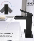 Dope Matte Black Waterfall Bathroom Faucet With Single Handle And Escutcheons Pop Up Drain Stopper in modern black sink setup