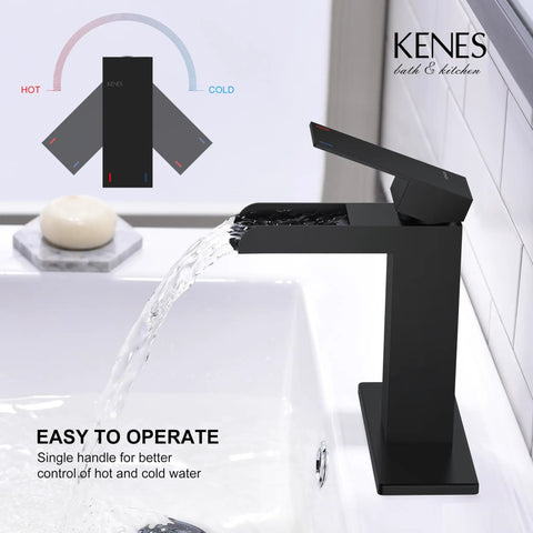 Dope Matte Black Waterfall Bathroom Faucet With Single Handle And Escutcheons Pop Up Drain Stopper in modern black sink setup