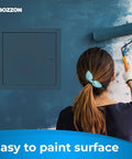 Heavy Duty Metal Access Panel for Drywall 12 x 12 Inches against blue wall with painter rolling paint, easy to paint surface.