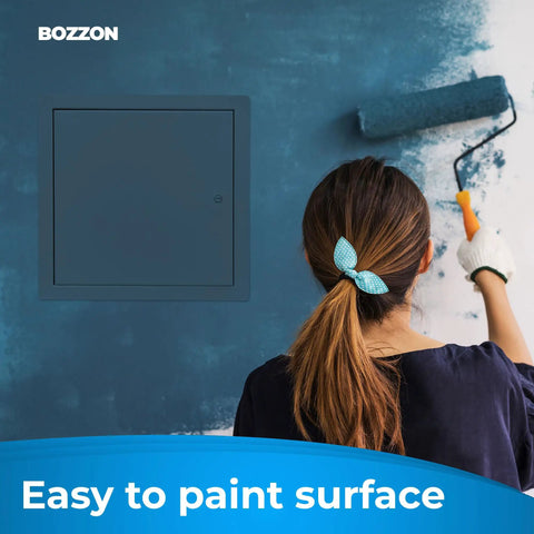 Heavy Duty Metal Access Panel for Drywall 12 x 12 Inches against blue wall with painter rolling paint, easy to paint surface.