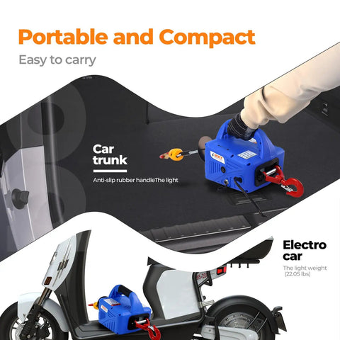 3 In 1 Electric Hoist Winch 1500W 110V in car trunk and beside scooter, showing portability and compact design