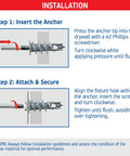 Heavy Duty Zinc Plaster Bite Self Drilling Drywall Anchors Kit With Screws Built To Last Easy Install No Prep Needed 25 Anchors And 25 Carbon Steel Screws Fits Three Eighths Inch One Half Inch Five Eighths Inch Drywall 75 Lbs Holding Power Durable Case installation steps diagram