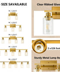 Two Light Brushed Gold Vanity Light With Fluted Glass Shade for Modern Bathroom, detailed product features and sizes
