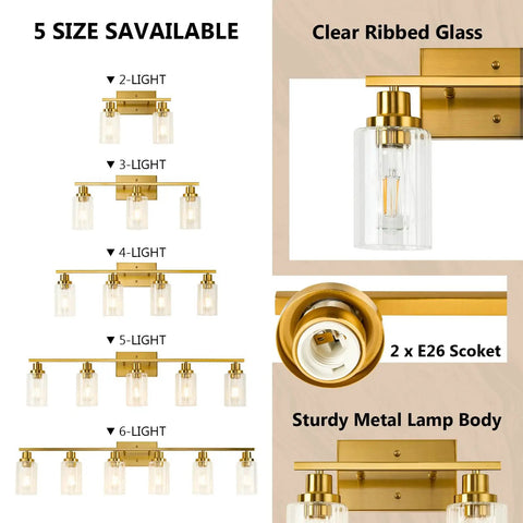 Two Light Brushed Gold Vanity Light With Fluted Glass Shade for Modern Bathroom, detailed product features and sizes