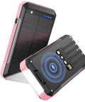 Outdoor Power Bank 33800mAh With Solar Charging And Super Bright LED Flashlight Portable Charger With Built In Cables Wireless Charging And Compass 7 Outputs 4 Inputs For Camping And Hiking, showing front and back design.