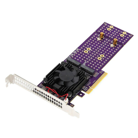 Kickstart Desktop Upgrade With This Dual Bay M.2 NVMe Enclosure Feature PCI Express 4.0 Riser Card with thermal fan in aluminum body.