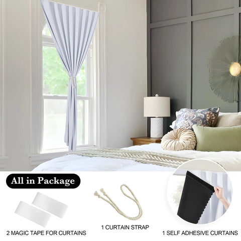 No Drill Adhesive Blackout Curtain Panel For Bedroom And Living Room, Thermal Insulated, Greyish White, W35 by L63, installed on window.