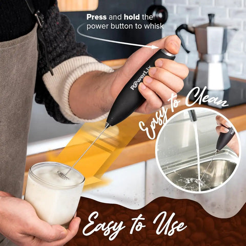 Powerful Handheld Milk Frother With Stand Battery Operated Foam Maker Wand For Coffee and Lattes shown in use