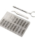 Grab And Go All In One Eyeglasses Repair Kit With 13 Screw Sizes, Keychain Screwdriver And Tweezers; tray of screws displayed
