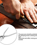 Close-up of Flat Pliers Hand Seamer for Sheet Metal in use on leather, with inset of pliers showing straight jaw design.