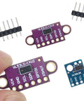 Top Shelf Vl530x Time Of Flight Laser Range Finder Breakout Module Purple Pcb Board I2c Interface close-up with header pins