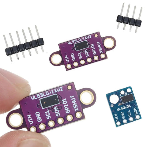 Top Shelf Vl530x Time Of Flight Laser Range Finder Breakout Module Purple Pcb Board I2c Interface close-up with header pins