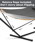 Double Portable Hammock With Stand For Two People, Curved Spreader Bar, Balance Ropes Included, Dark Gray closeup of balance ropes and frame