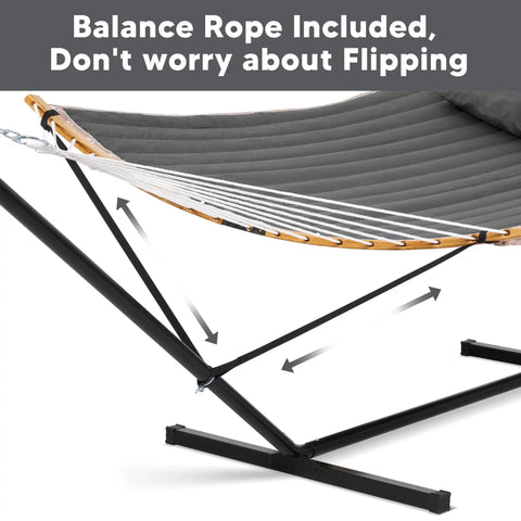 Double Portable Hammock With Stand For Two People, Curved Spreader Bar, Balance Ropes Included, Dark Gray closeup of balance ropes and frame