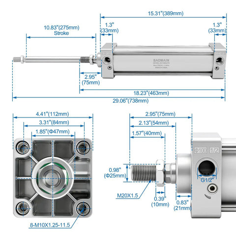 Diagram of Pneumatic Air Cylinder 3.94 Inch Bore, 10.82 Inch Stroke, M20x1.5 threaded rod, and 1/2 port, with dimension details.