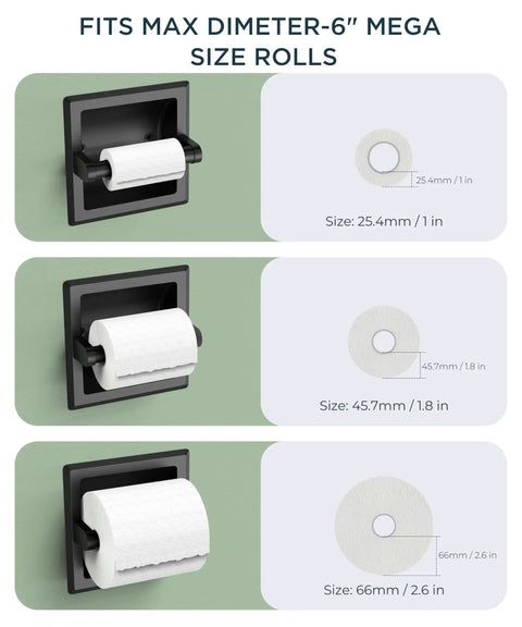 Recessed Matte Black Toilet Paper Holder Stainless Steel Durable Tissue Roll Dispenser Wall Mount With Mounting Bracket Space Saving In Wall Design For Bathrooms That Look Clean And Ready To Roll, showing 6-inch mega roll compatibility in three sizes.