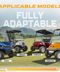 Universal Heavy Duty Golf Cart Rear View Mirror Offering Crystal Clear Panoramic Vision With Smooth 270 Degree Rotation To Wipe Out Blind Spots and models like EZGO, Yamaha and Club Car displayed.