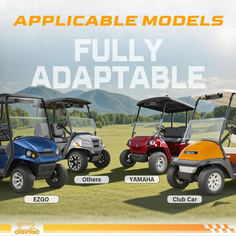 Universal Heavy Duty Golf Cart Rear View Mirror Offering Crystal Clear Panoramic Vision With Smooth 270 Degree Rotation To Wipe Out Blind Spots and models like EZGO, Yamaha and Club Car displayed.