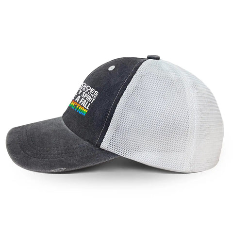 Side view of Proverbs 16 18 Dope Mens Trucker Hat with Cool Tennis Style for everyday wear and outdoor adventures, black cap.