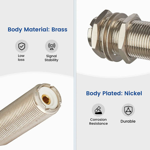 SO239 To SO239 UHF Female Bulkhead Adapter RF Coax Coupler, brass body with nickel plating, close-up on features and material