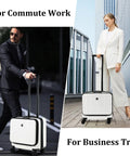 Lightweight 16 Inch Carry On Luggage With Dual Compartments For 14 And 15 Inch Laptops, 16.14 By 8 By 17.12 Inches Rolling Hardshell ABS And PC Suitcase With Silent Spinner Wheels Milky White in use for commute work and business trip.