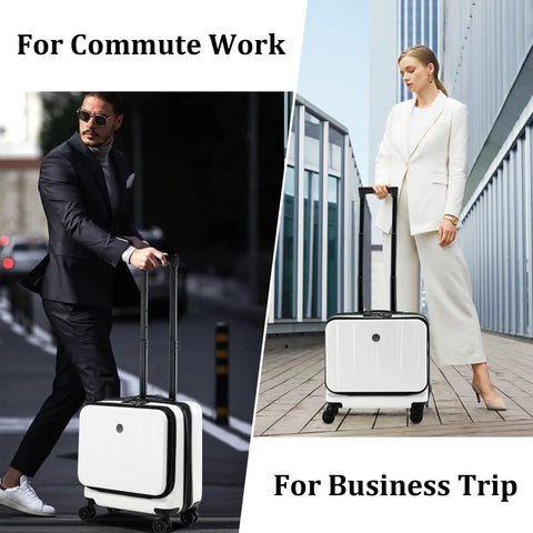 Lightweight 16 Inch Carry On Luggage With Dual Compartments For 14 And 15 Inch Laptops, 16.14 By 8 By 17.12 Inches Rolling Hardshell ABS And PC Suitcase With Silent Spinner Wheels Milky White in use for commute work and business trip.