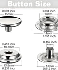 Image showing dimensions and components of Stainless Steel Snap Button Kit 240 Pieces 60 Sets Heavy Duty Fasteners for jeans, jackets, bags.