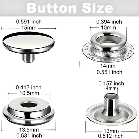 Image showing dimensions and components of Stainless Steel Snap Button Kit 240 Pieces 60 Sets Heavy Duty Fasteners for jeans, jackets, bags.