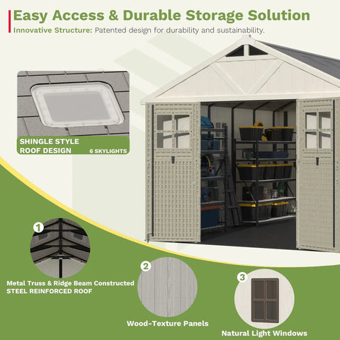 10x12 Ft Outdoor Storage Shed With Floor And Lockable Door All Weather Resin With Skylight And Multiple Windows Beige Backyard