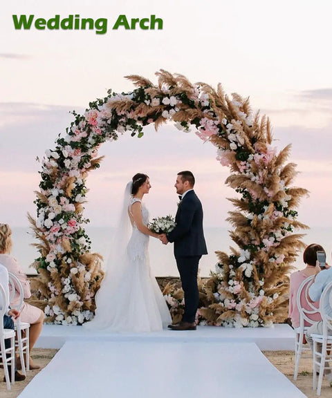 Sturdy Metal Wedding Arch For Outdoor Ceremony And Garden Party Decor 8 Feet Wide 7 Feet High Black Round Frame With Ground Bases