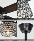 Rad Retro Style Ceiling Fan With Lights And Diamond Crystal Lampshade, detailed view of crystal lampshade and wooden blades.