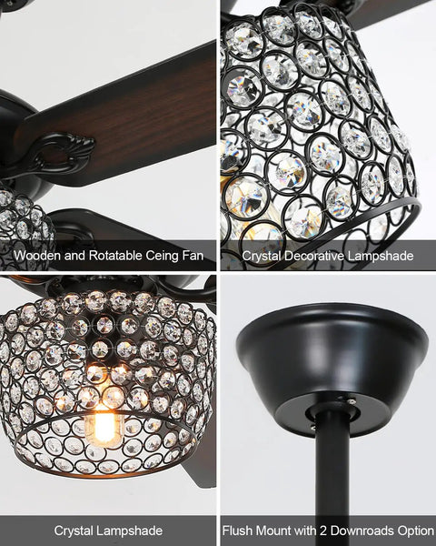 Rad Retro Style Ceiling Fan With Lights And Diamond Crystal Lampshade, detailed view of crystal lampshade and wooden blades.