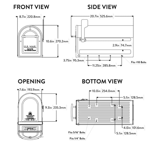 Technical diagram of Boulder Postmount Mailbox Large Black All Weather Tough Built Outdoor Ready Rust Resistant Galvanized Steel