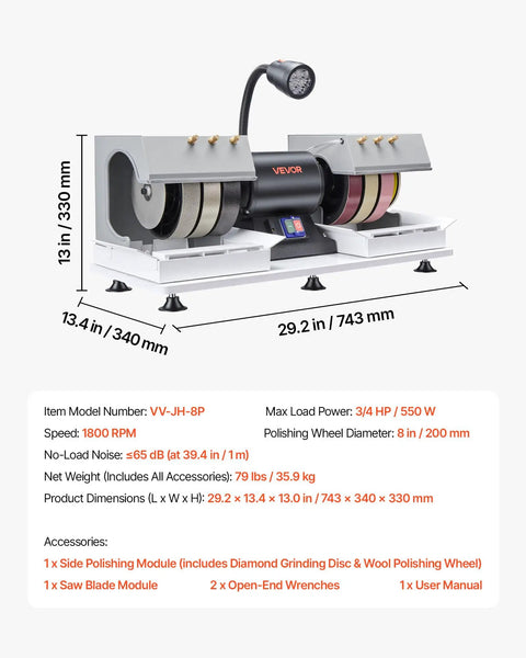 Eight Inch Cabbing Machine For Gemstones And Lapidary Polishing, Three Quarter Horsepower, 1800 RPM, Six Diamond Wheels Plus Resin Wheel