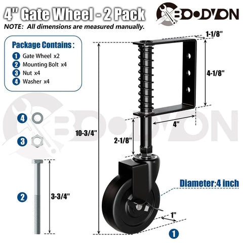 Heavy Duty Gate Caster With Side Brake And Spring Loaded Wheels 360 Degree Rotating Gate Caster For Wooden Gates And Fences Metal Tube Gates 220 Lb Capacity Black Finish Two Pack diagram
