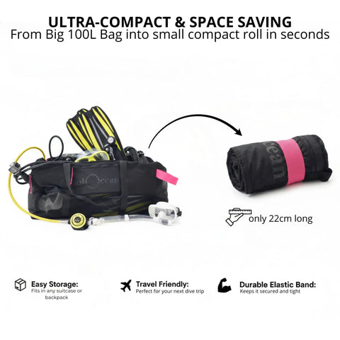 XL Mesh Duffle Dive Bag Packable Roll Up 100L For Scuba Snorkeling Gear shown unpacked and rolled for easy storage