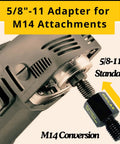 European To North American Thread Converter M14 Male To 5/8-11 Female Angle Grinder Adapter shown attached to a grinder