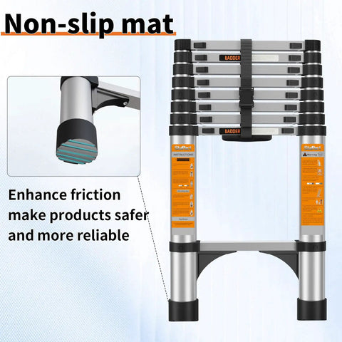 12.5 Ft Telescoping A Frame Ladder for Home Roof and RV Use, Heavy Duty Go To Step Ladder With EN131 Safety Certification, Supports Up To 330 Lbs, 20cm Inner Tube Overlap, Wide Non Slip Feet, Rock Solid Stability. Non-slip feet close-up