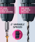 Close-up of Pink Cordless Drill Set For Women showing 1st and 2nd gear speeds for screw driving and drilling with variable speed control.